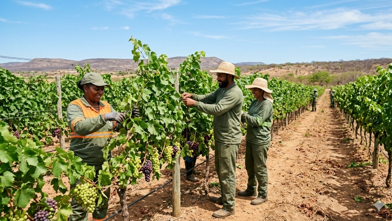 Trabalhadores em atividades de campo no vinhedo